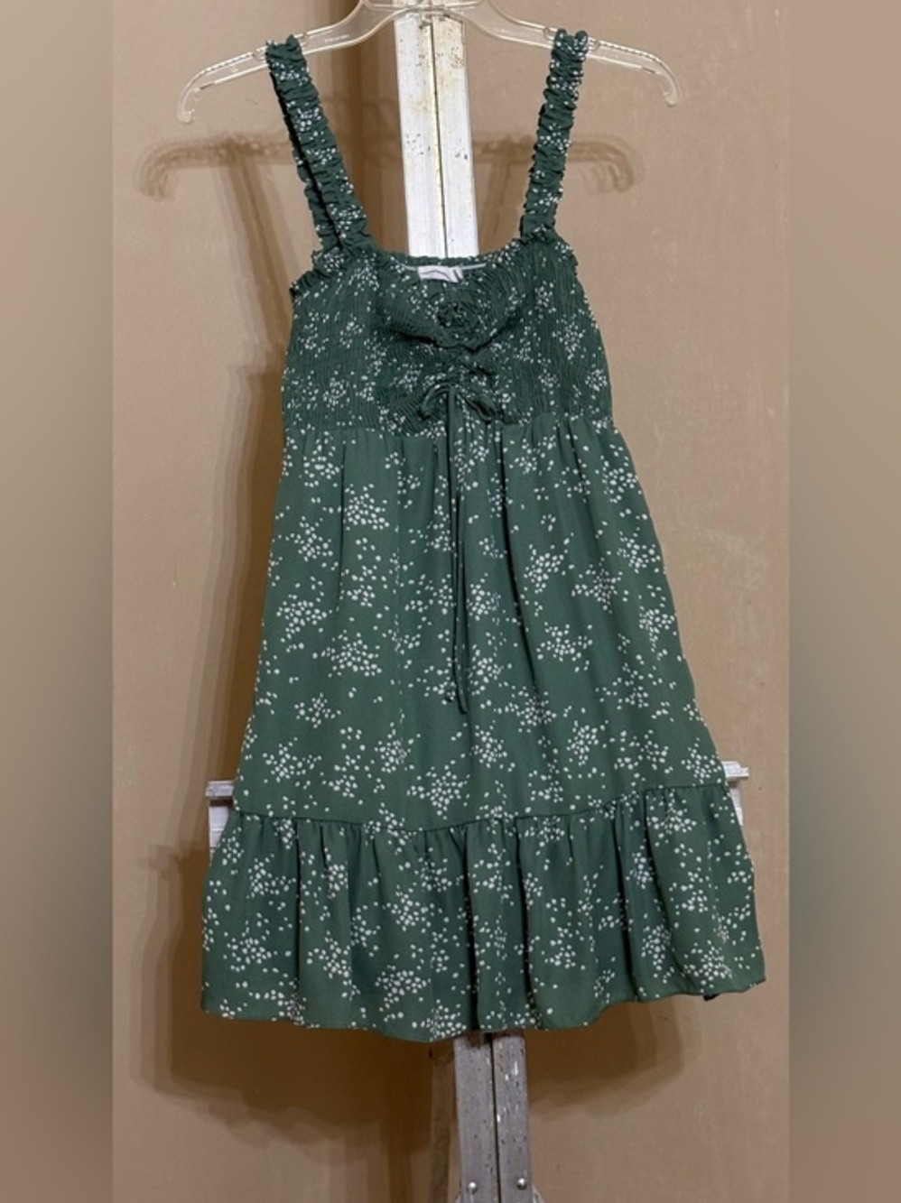 Lush Forest Green White Dot Mini Dress Cottagecore Boho Romantic Babydoll